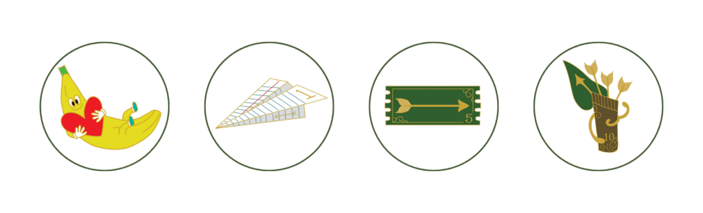 Four enamel pin designs for Employee Appreciation Day, featuring a smiling banana with a heart, a paper airplane, a green ticket with an arrow, and a quiver of arrows.