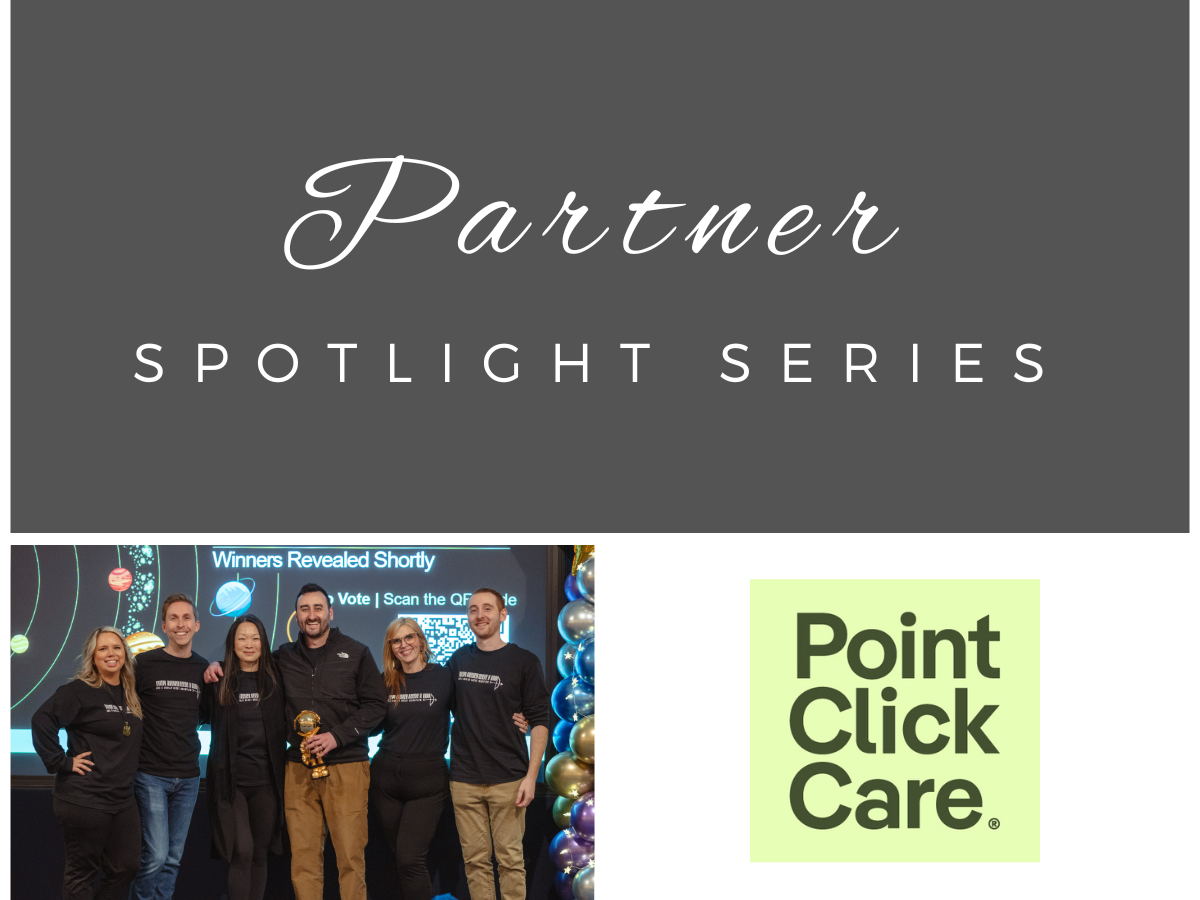 Blog cover photo titled "Partner Spotlight Series" highlighting PointClickCare, featuring a group of team members smiling together at the 2025 Summit event.