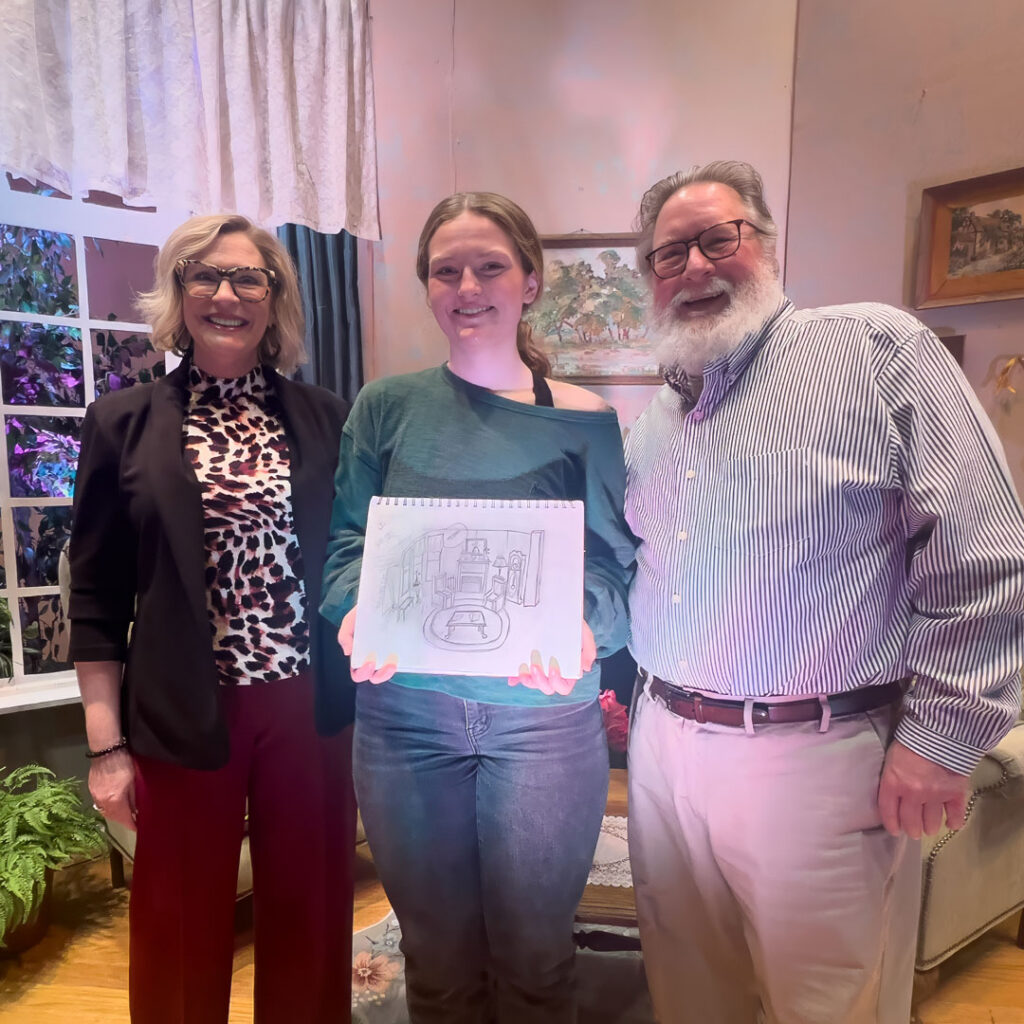 Elizabeth Thompson, Charlie Johnson, and a student stand together after a Thoughtful Connections podcast recording at Cottey College.